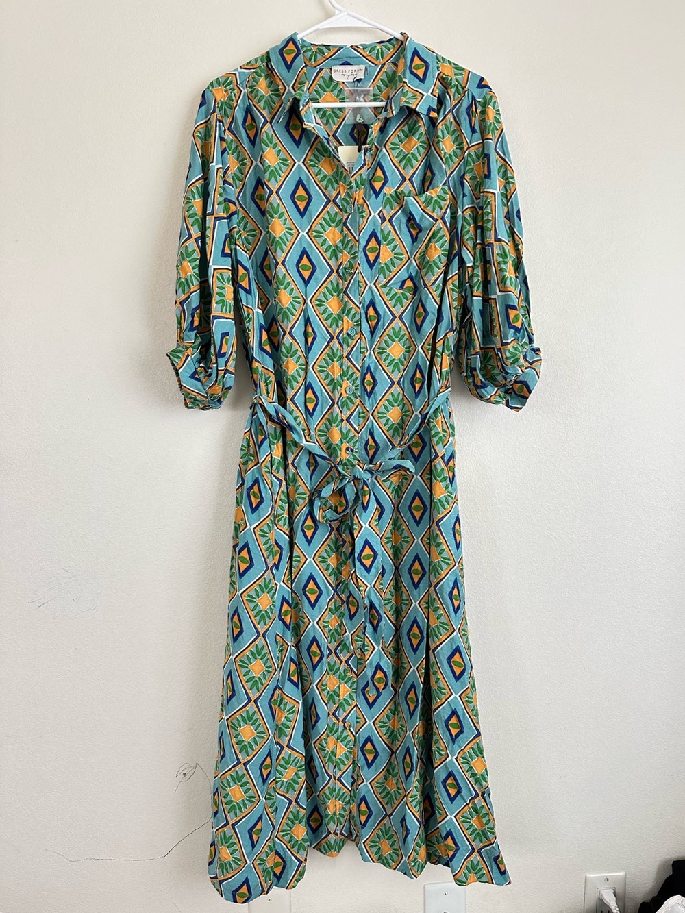 NWT Dress Forum Los Angeles Boho Green Geometric Print Midi Dress with Tie Waist